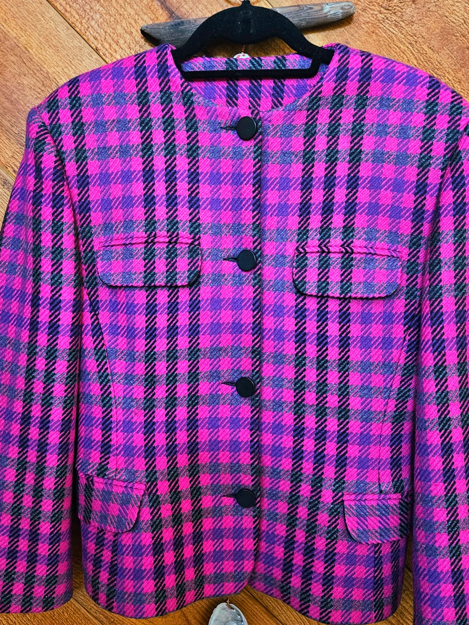 Vintage Enrico Coveri Pink And Black Houndstooth Wool Blazer 42 Euc